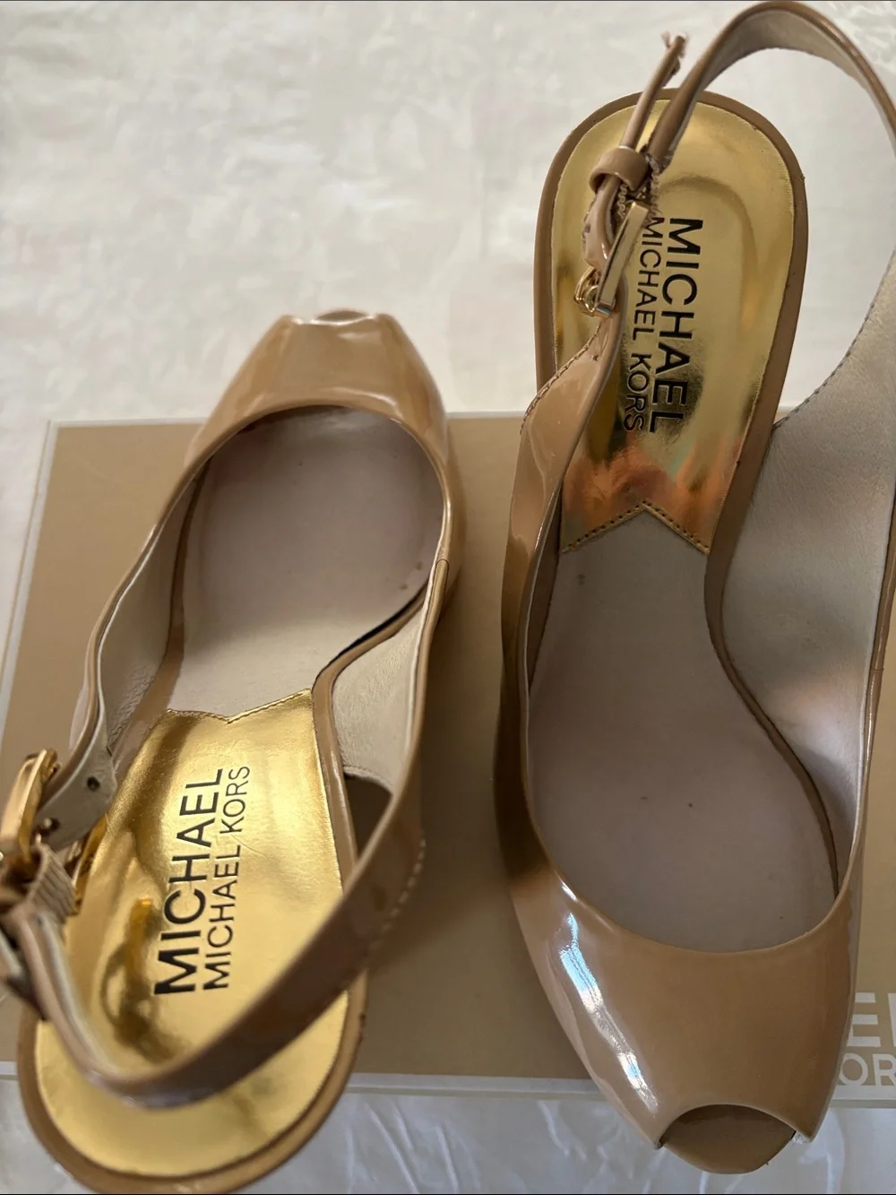 Michael Kors Beige Patent Peep-Toe Wedge Slingback Heels